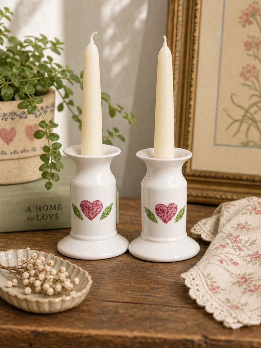 Corningware Quilt Candlesticks Pair Vintage 90s Hearts Cottagecore Decor